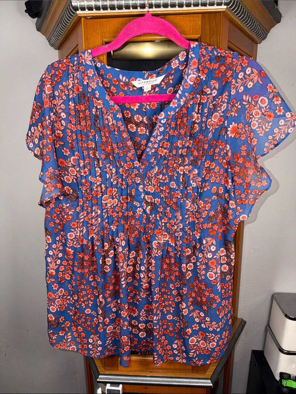 Liverpool Blue Floral Pintuck V-Neck Blouse with Orange Accents